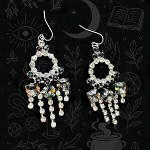 Vintage Luci Frost Rhinestone Chandelier Earrings Silver Tone Black and White